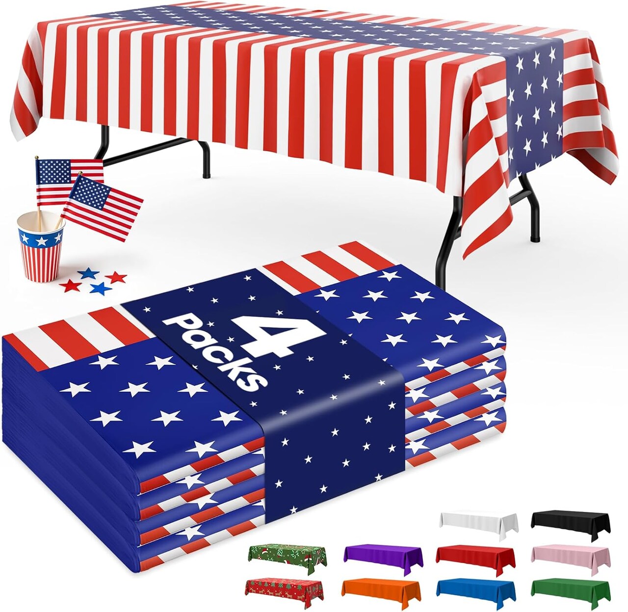4th of July Table Cloths – 4 Pack American Flag Disposable Patriotic Table Covers, 54" x 108", for 6FT Tables, Independence Day & Memorial Day Decorations